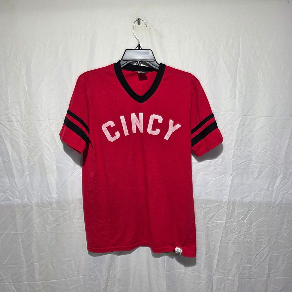 Augusta Sportswear Cincy T-Shirt Red Black V-Neck Striped Sleeve Adult Medium